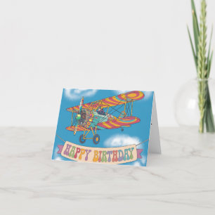 Biplane flying over happy birthday banner thank you card