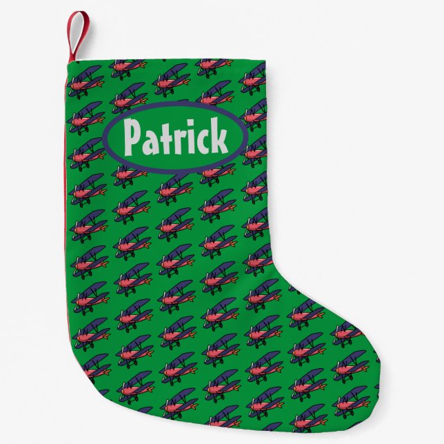 Biplane Pattern Kids Personalized Small Christmas Stocking (Front)