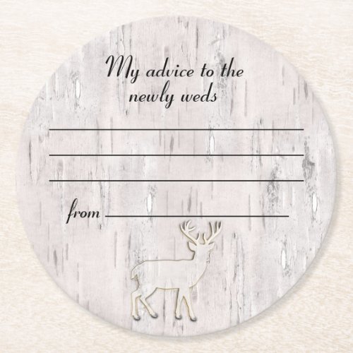Birch Bark and Deer Wedding Advice Round Paper Coaster