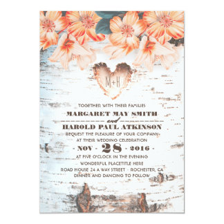 Birch Bark Carved Heart Rustic Country Wedding Invitation