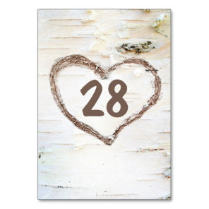 Birch Bark Carved Heart Rustic Wedding Table Number