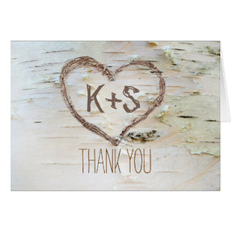 birch bark carved heart wedding thank you card