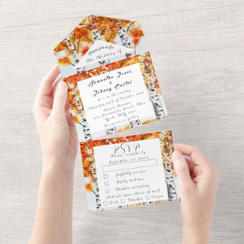 Birch Bark Fall Country Rustic Wood Leaves All In  All In One Invitation