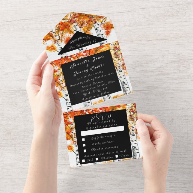 Birch Bark Fall Country Rustic Wood Leaves All In One Invitation (Tearaway)