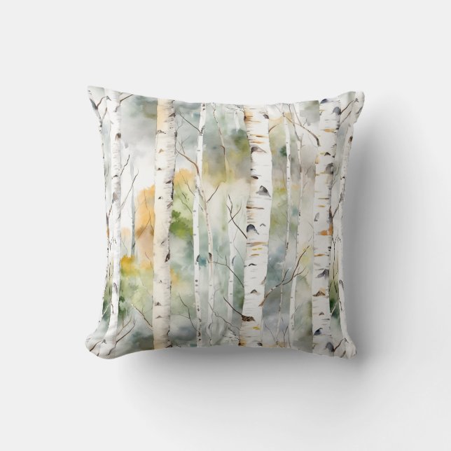 Birch bark green watercolor throw pillow (Front)