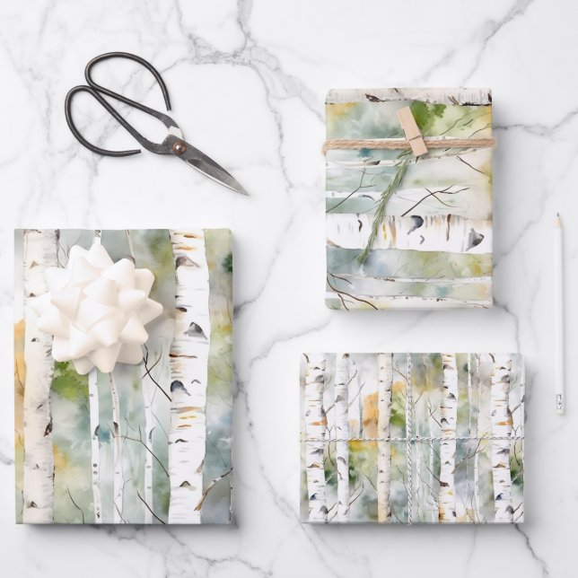 Birch bark green watercolor  wrapping paper sheets (Front)