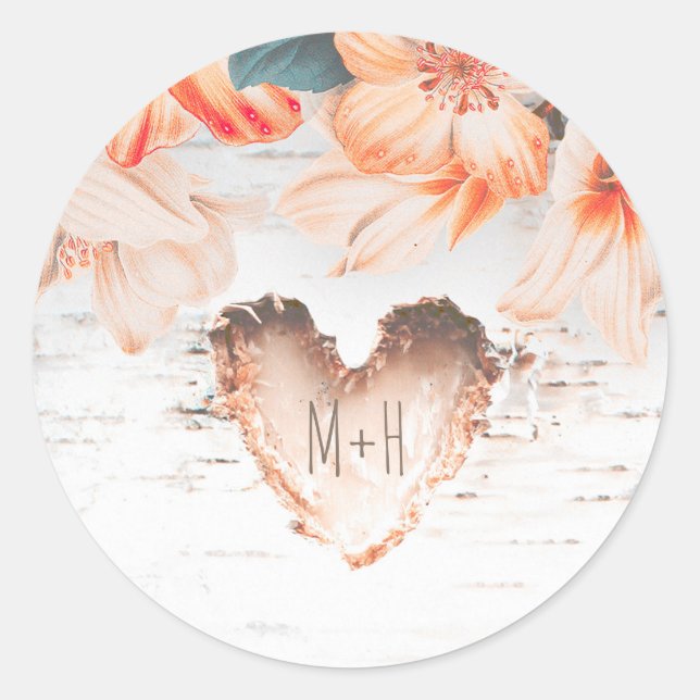 Birch Bark Heart and Orange Flowers Rustic Wedding Classic Round Sticker (Front)