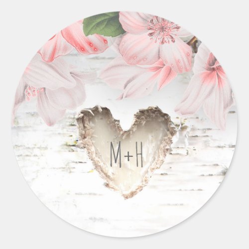 Birch Bark Heart and Pink Flowers Rustic Wedding Classic Round Sticker