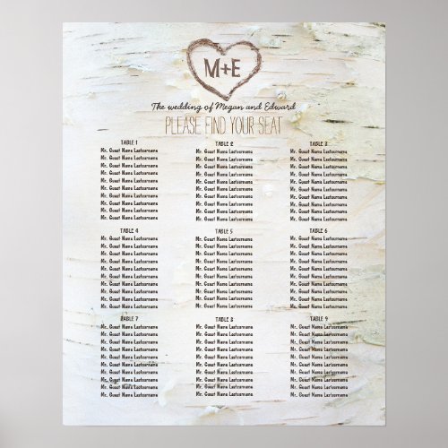 Birch Bark Heart Rustic Wedding Seating Chart