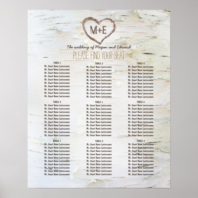 Birch Bark Heart Rustic Wedding Seating Chart (Front)