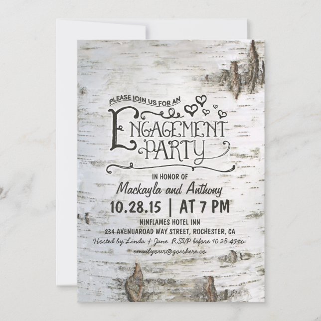 birch bark rustic country engagement party invite (Front)