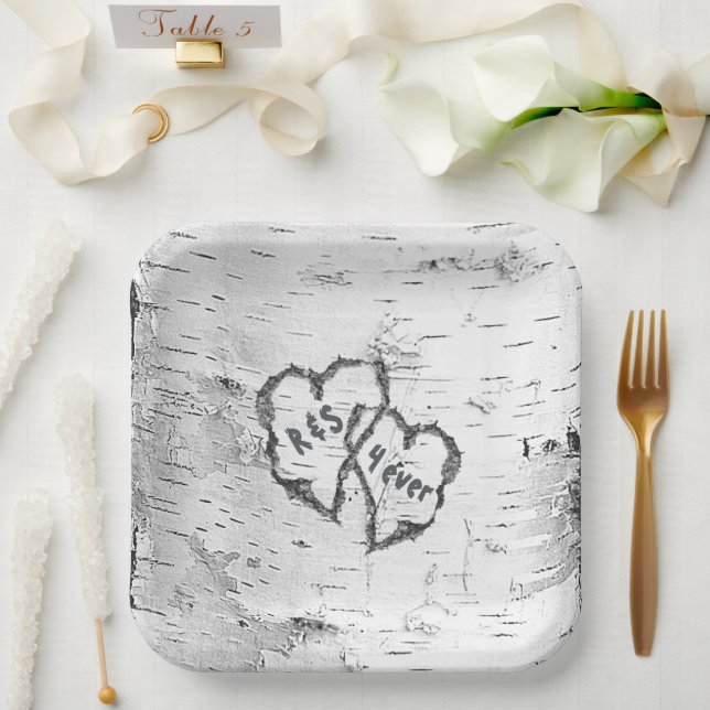 Birch Bark Tree Hearts Initials Paper Plates (Wedding)