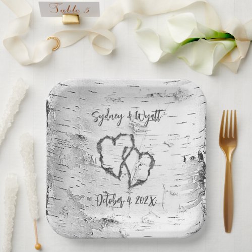 Birch Bark Wedding Hearts Paper Plates