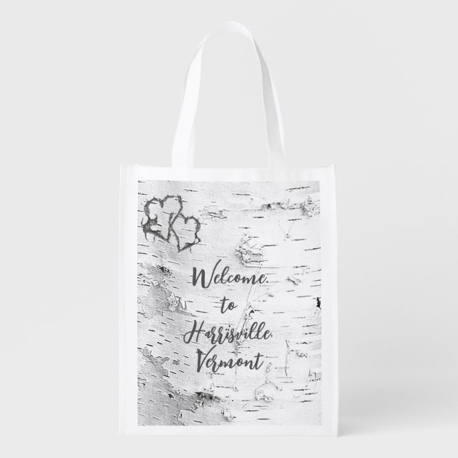 Birch Bark Wedding Welcome Carved Hearts Grocery Bag (Front)