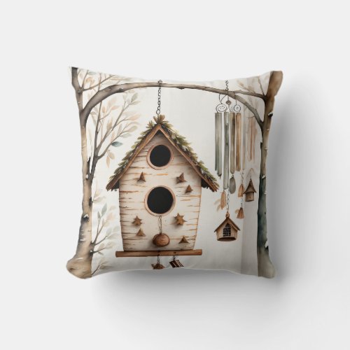 Birch Birdhouse Throw Pillow