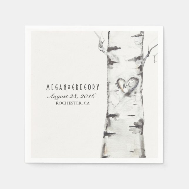 Birch Carved Heart Rustic Wedding Napkins (Front)