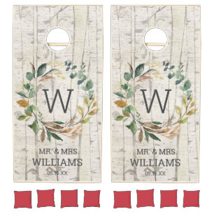 Birch Eucalyptus Greenery Wreath Monogram Wedding Cornhole Set