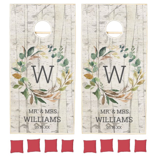 Birch Eucalyptus Greenery Wreath Monogram Wedding Cornhole Set (Set)