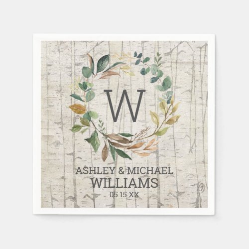 Birch Eucalyptus Greenery Wreath Monogram Wedding Napkins