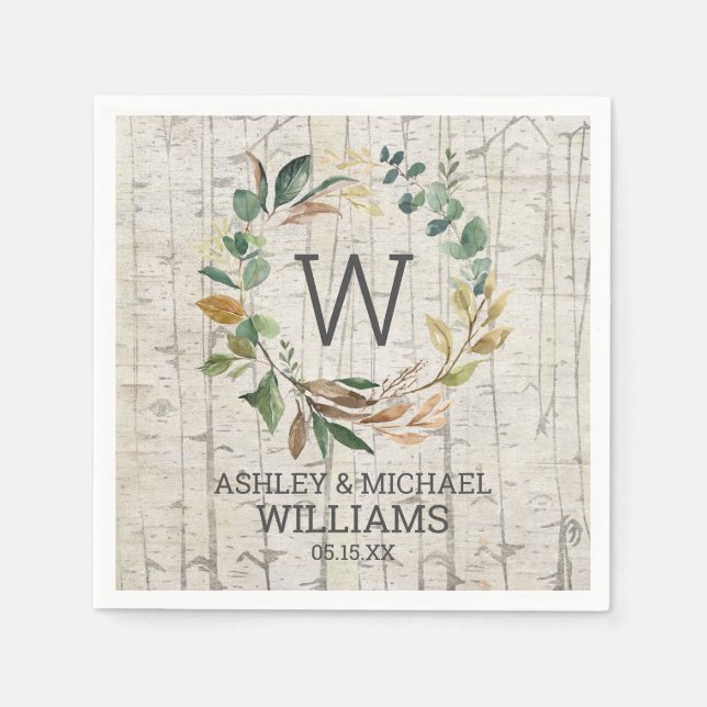 Birch Eucalyptus Greenery Wreath Monogram Wedding Napkins (Front)