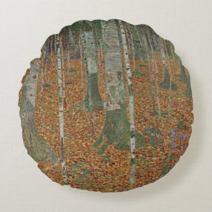 Birch Forest by Gustav Klimt, Vintage Art Nouveau Round Pillow