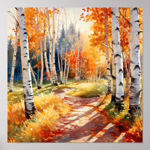 Birch Forest Vivid Colors Painting Poster