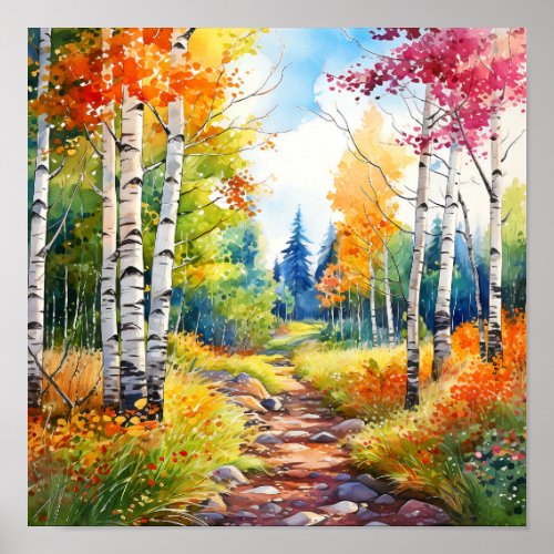 Birch Forest Vivid Colors Painting Poster