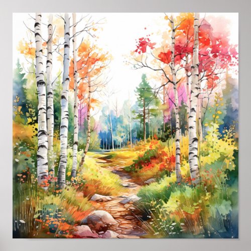 Birch Forest Vivid Colors Painting Poster