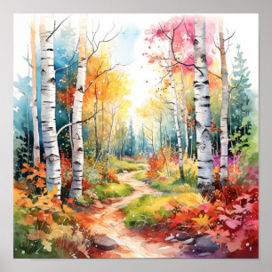 Birch Forest Vivid Colors Painting Poster