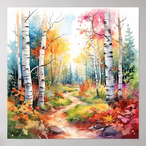 Birch Forest Vivid Colors Painting Poster