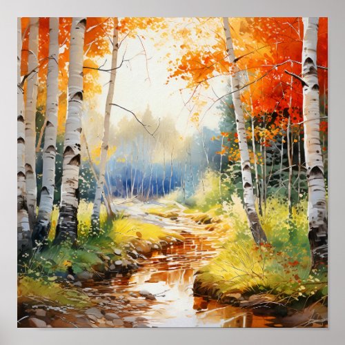 Birch Forest Vivid Colors Painting Poster