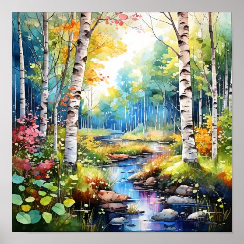 Birch Forest Vivid Colors Painting Poster