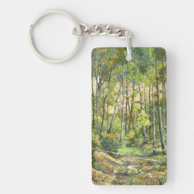 Birch grove painting  watercolor on silk keychain (Front)