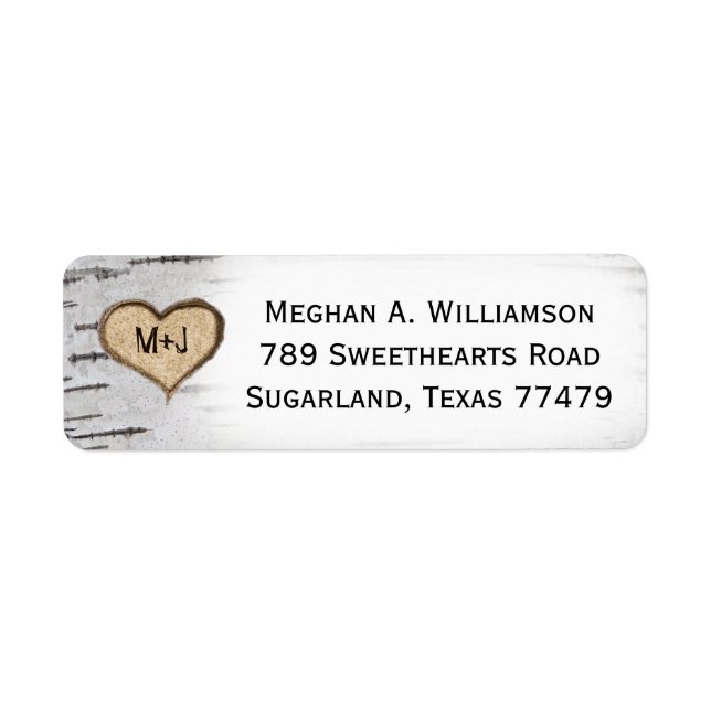Birch heart initials rustic wedding return address label (Front)