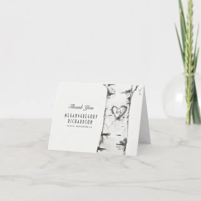 Birch Heart Rustic Wedding Thank You Card | Zazzle
