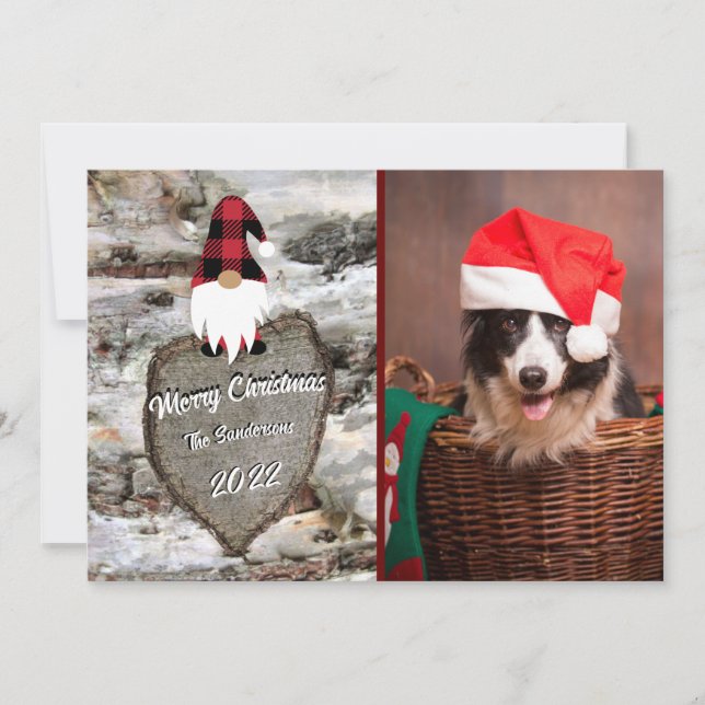 Birch Red Buffalo plaid Gnome Carved Heart photo Holiday Card (Front)