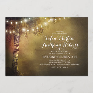 birch tree and string lights wedding invitation