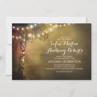 birch tree and string lights wedding invitation