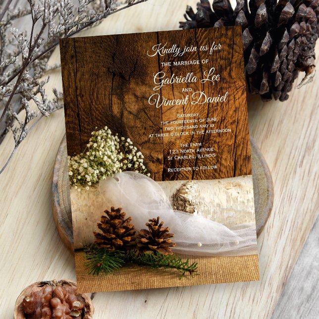 Birch Tree, Baby's Breath and Barn Wood Wedding Invitation (Creator Uploaded)