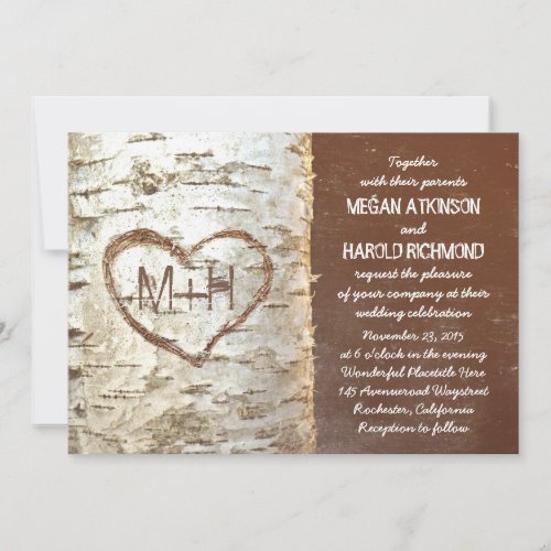 Birch tree bark heart rustic wedding invitations