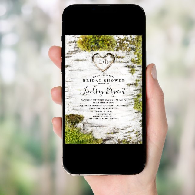Birch Tree Carved Heart Rustic Fall Bridal Shower Invitation (Front Digital)