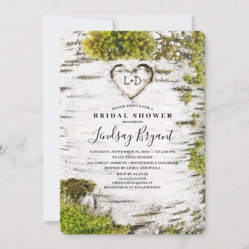 Birch Tree Carved Heart Rustic Fall Bridal Shower Invitation