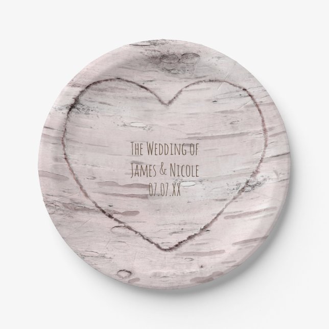 Birch Tree & Carved Heart Rustic Wedding Reception Paper Plates (Front)