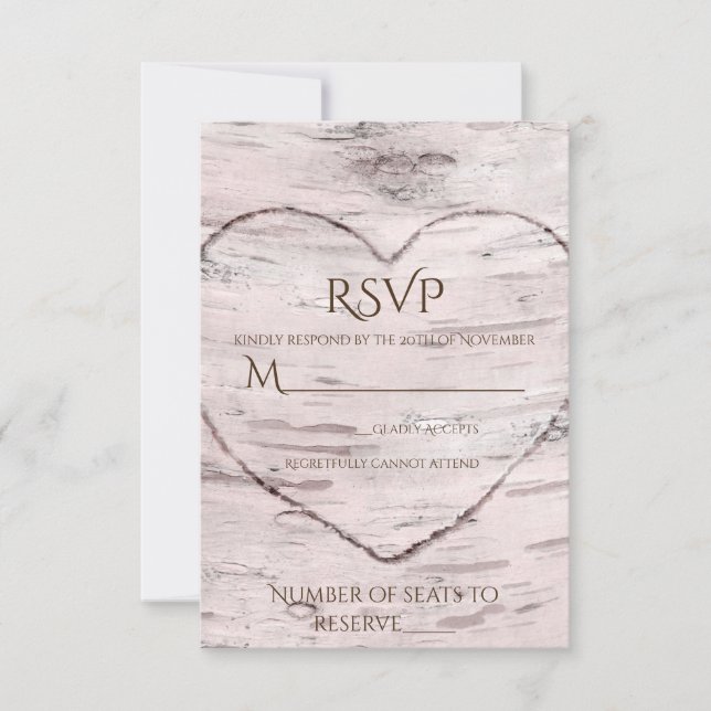 Birch Tree & Carved Heart Rustic Wedding RSVP Card (Front)