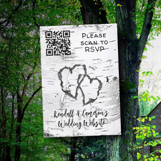 Birch Tree Carved Hearts QR code Wedding RSVP Card