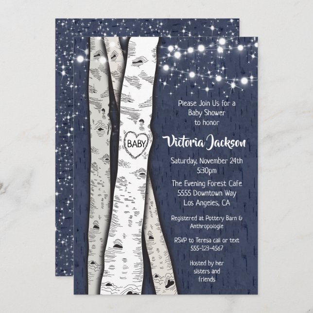 Birch Tree Evening Twinkle Lights Baby Shower Invitation (Front/Back)