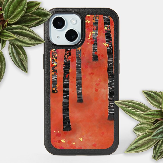 Birch Tree Forest iPhone 15 Case (Birch aspen tree forest red abstract cell phone case)