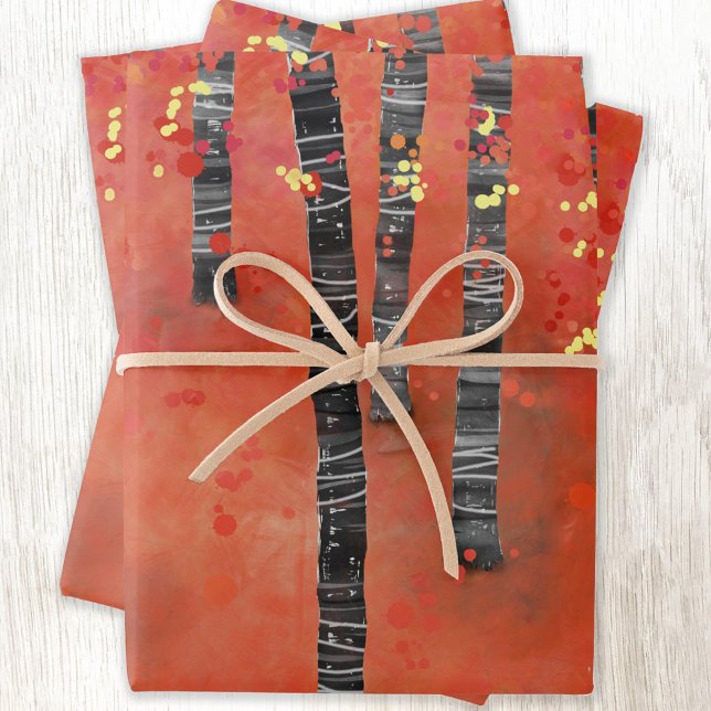 Birch Tree Forest Landscape Wrapping Paper Sheets (Red birch tree forest abstract art pattern gift wrapping paper sheets)
