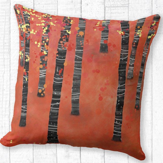Birch Tree Forest Red Throw Pillow (Birch Aspen Tree Forest abstract red throw pillow)