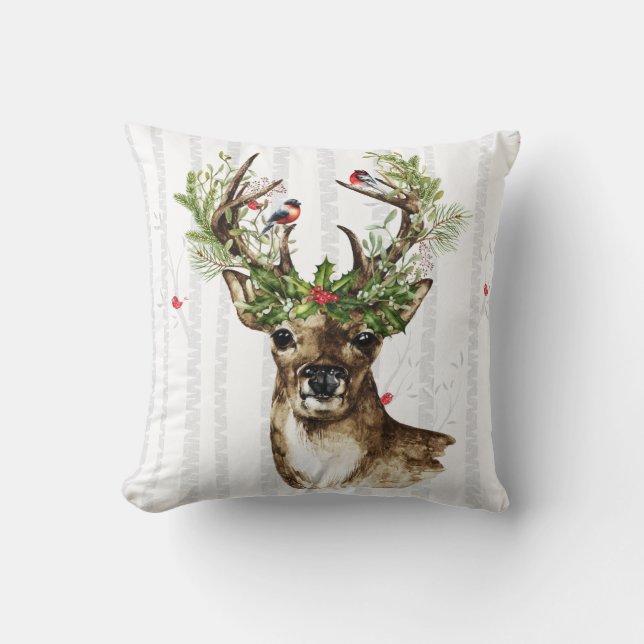 Birch Tree forest with a woodland Christmas deer Throw Pillow (Front)